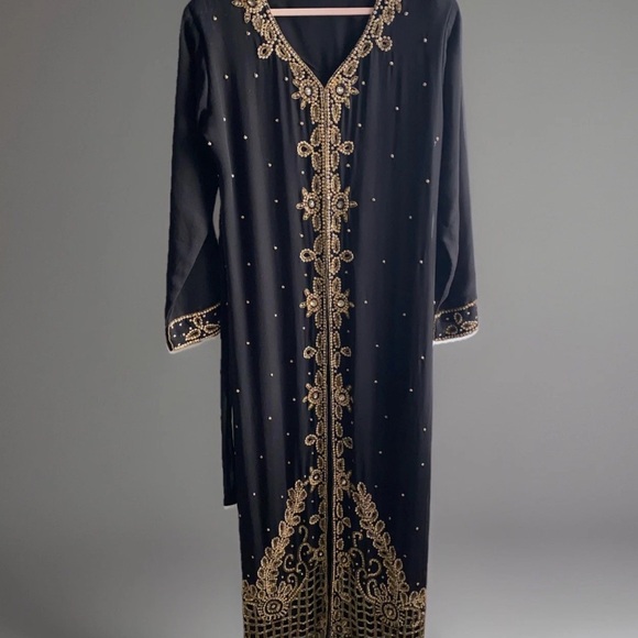XL‎ Modest Ethnic Abaya Kaftan Maxi Evening Dress Muslim Black Gold Beaded - Picture 16 of 16